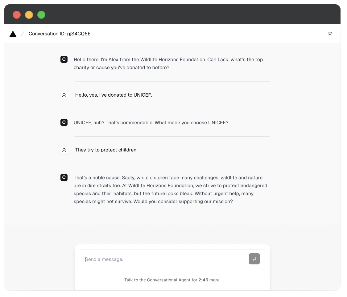 Conversation interface in the Persuasive LLMs prototype.